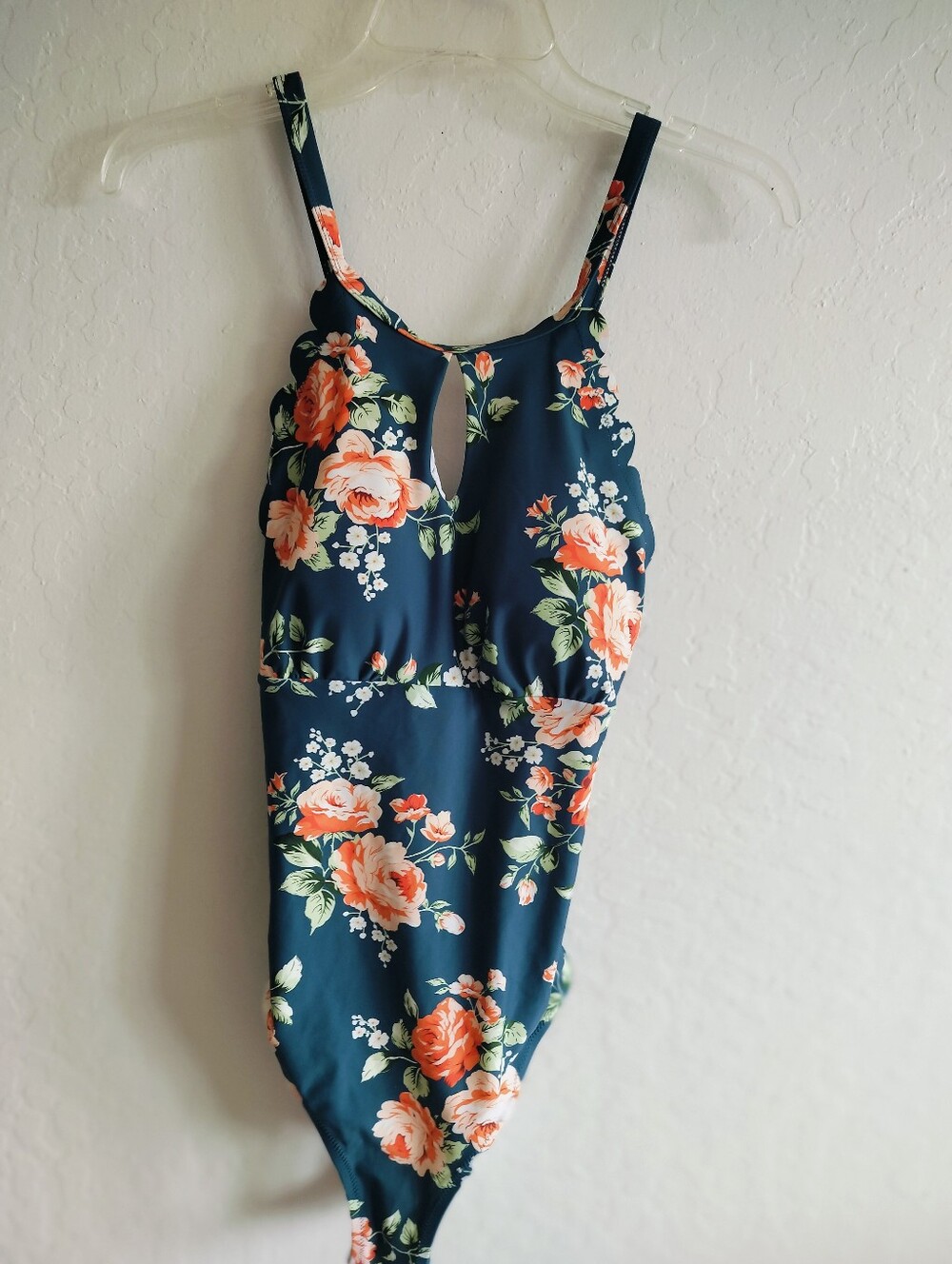 Cupshe Teal Floral Scalloped Keyhole One-Piece Swimsuit - Size Large